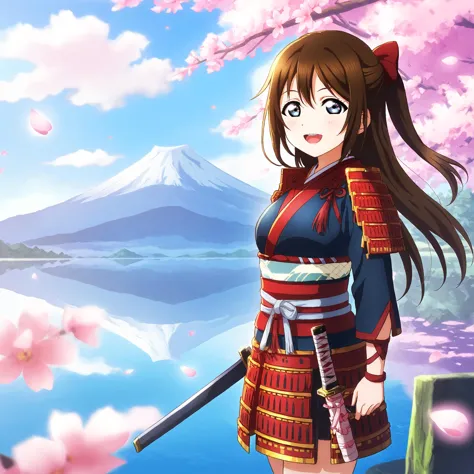 a woman in a kimono outfit holding a sword standing in front of a lake