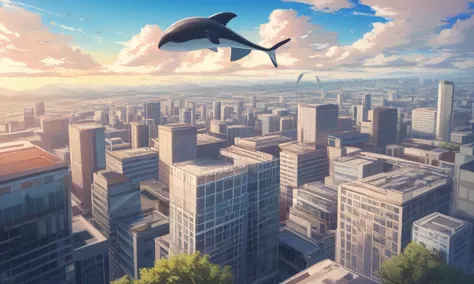 anime - style image of a whale flying over a city