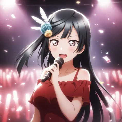 anime girl with long black hair holding a microphone in front of a crowd