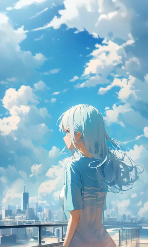 a woman with long hair standing on a balcony looking at the sky