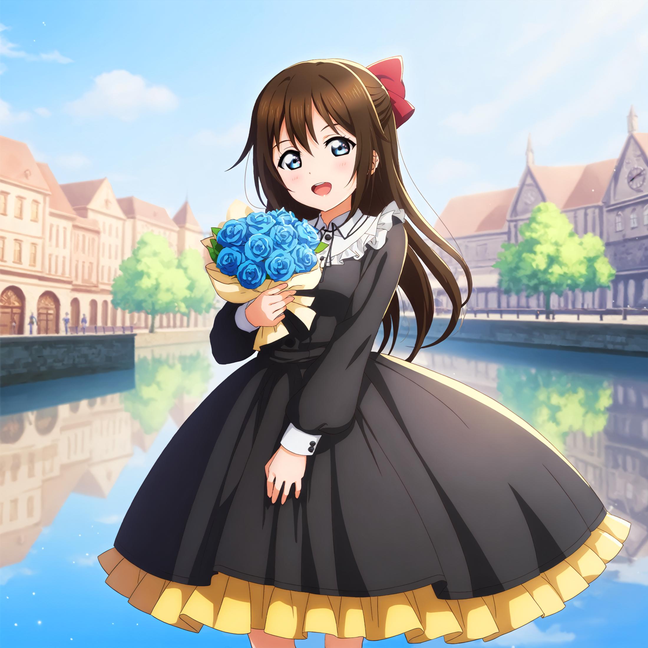 Anime girl in black dress holding blue flowers by river - SeaArt AI