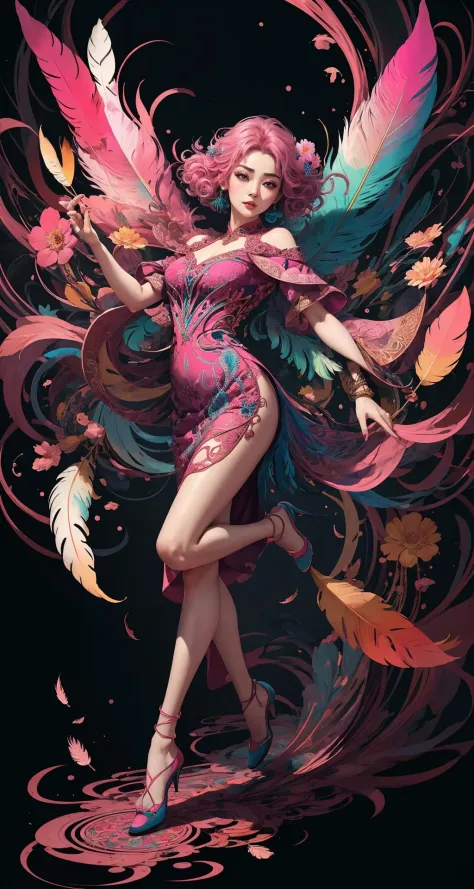 erjie, <lora:Threesister-erjiev2:0.2>,girl in a fluid and dynamic pose, wearing a loose, flowing pink dress, mysterious expressi...