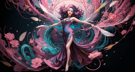 erjie, girl in a fluid and dynamic pose, wearing a loose, flowing pink dress, mysterious expression, curly black and pink hair, [Zhang Ziyi|Aishwarya Rai], in a modern and abstract setting, with bold and colorful abstract art, blurred background, bright lighting, official art, unity 8k wallpaper, (zentangle, mandala, tangle, entangle), intricate clothes,zhongfenghua (full body,from everywhere,masterpiece, top quality, best quality, official art, beautiful and aesthetic:1.2), extremely detailed,(fractal art:1.1),(colorful:1.1)(flowers:1.3),highest detailed,(zentangle:1.2), (dynamic pose), (abstract background:1.3), (shiny skin), (many colors:1.4), (feathers:1.5),  dynamic angle, the most beautiful form of chaos, elegant, a brutalist designed, vivid colours, romanticism,