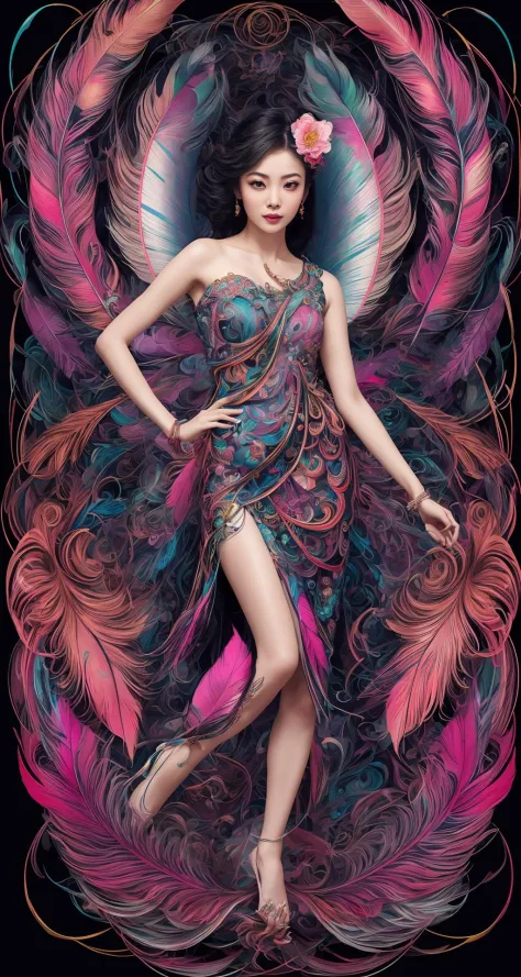 erjie, <lora:Threesister-erjiev2:0.2>,girl in a fluid and dynamic pose, wearing a loose, flowing pink dress, mysterious expressi...