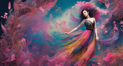 Erjie, girl in a fluid and pose dynamique, Porter une ample, robe rose fluide, expression mystérieuse, cheveux bouclés noirs et roses, [Zhang Ziyi|Aishwarya Raï], dans un cadre moderne et abstrait, with bold and Coloré abstract art, Arrière-plan flou, éclairage lumineux, art officiel, unité 8k fond d&#39;écran, (zenEnchevêtrement, mandalas, Enchevêtrement, enEnchevêtrement), vêtements complexes,zhongfenghua (tout le corps,de partout,chef-d&#39;œuvre, qualité supérieure, Meilleure qualité, art officiel, beau et esthétique:1.2), extrêmement détaillé,(art fractal:1.1),(Coloré:1.1)(fleurs:1.3),le plus détaillé,(zenEnchevêtrement:1.2), (pose dynamique), (fond abstrait:1.3), (peau brillante), (plein de couleurs:1.4), (Plumes:1.5),  Angle dynamique, la plus belle forme de chaos, élégant, un brutaliste conçu, couleurs vives, le romantisme,