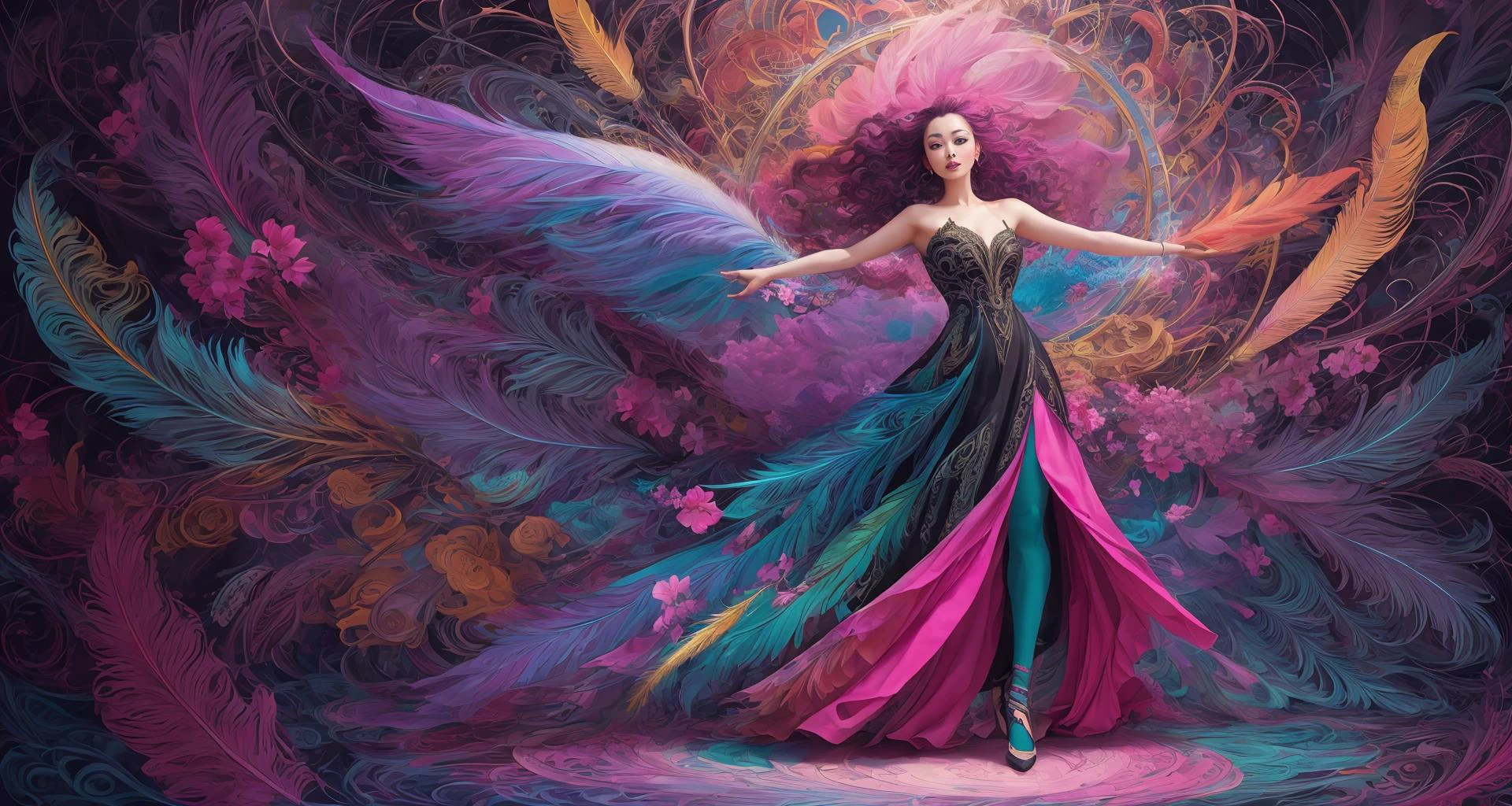 erjie, girl in a fluid and dynamic pose, wearing a loose, flowing pink dress, mysterious expression, curly black and pink hair, [Zhang Ziyi|Aishwarya Rai], in a modern and abstract setting, with bold and colorful abstract art, blurred background, bright lighting, official art, unity 8k wallpaper, (zentangle, mandala, tangle, entangle), intricate clothes,zhongfenghua (full body,from everywhere,masterpiece, top quality, best quality, official art, beautiful and aesthetic:1.2), extremely detailed,(fractal art:1.1),(colorful:1.1)(flowers:1.3),highest detailed,(zentangle:1.2), (dynamic pose), (abstract background:1.3), (shiny skin), (many colors:1.4), (feathers:1.5),  dynamic angle, the most beautiful form of chaos, elegant, a brutalist designed, vivid colours, romanticism,