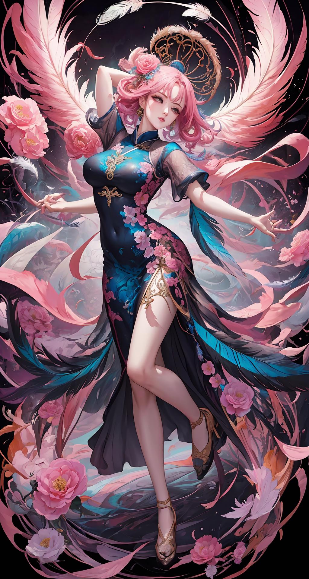 A woman in a blue dress with pink hair and wings - SeaArt AI