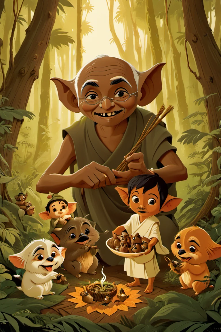 affiche de Tom Whalen, illustrations de Johan Potma, style potma,  Mahatma Gandhi nourrissant des Ewoks kawaii dans la forêt, netteté, éthéré, contraste, très détaillé