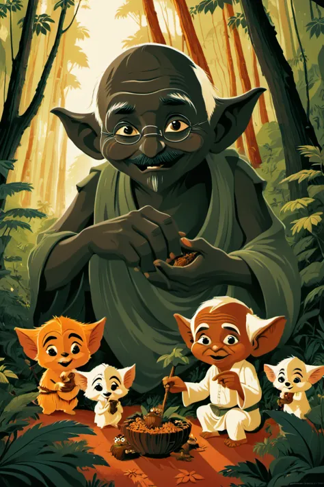 <lora:Tom_Whalen_XL:1> poster by tom whalen, <lora:Johan_Potma_Art_Style_SDXL:1> art by Johan Potma, potma style,  Mahatma Gandhi feeding  kawaii Ewoks in the forest, sharp focus, ethereal, contrast, highly detailed