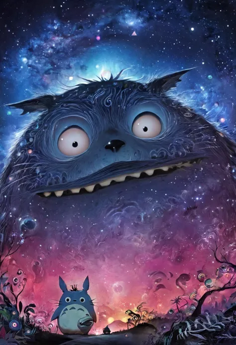 Psychedelic art (drdjns style), (potma style), Totoro as a Cosmic Horror, masterpiece, 8k, hdr