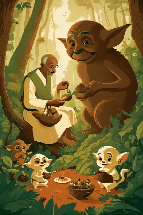 cartel de Tom Whalen, Arte de Johan Potma, estilo potma,  Mahatma Gandhi alimentando a los Ewoks kawaii en el bosque, enfoque nítido, etéreo, contrast, muy detallado