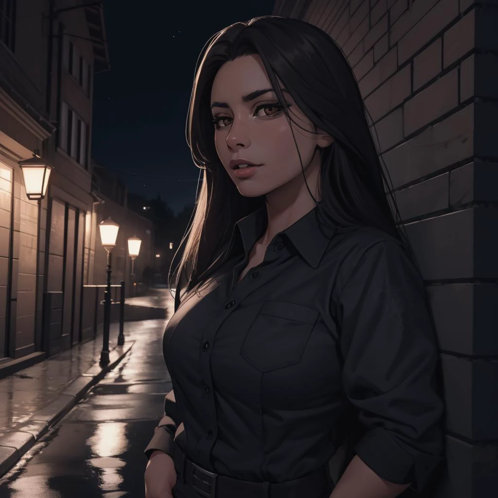 Best_QualityPos, RAW photo, intricate details, best quality, 8k uhd, soft lighting, 1girl, solo, sweetanita, long hair, brown eyes, black collared shirt, outdoors 