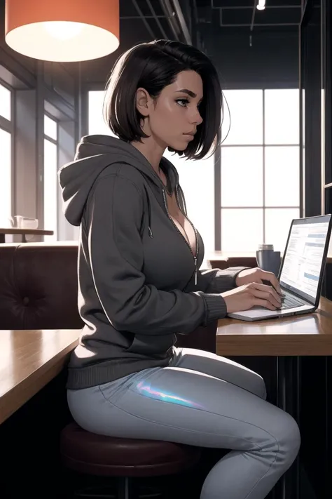 futuristic comic style, fcDetailPortrait, a young, nerdy woman sitting in a cafe, working on her laptop in concentration, hologr...