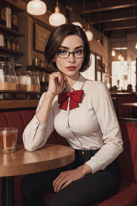 comic style, fcDetailPortrait, a young, nerdy woman sitting in a cafe. wearing a white shirt and a bow, surrounded by a cozy atmosphere, looking at the viewer. short hair, slender, red lips, transparent fabric, flirting with the camera, strong lighting, bold colors