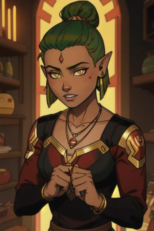 "amity_blight, S1 hair, short hair, brown hair, jewelry, yellow eyes, multicolored hair, green hair, pointy ears, necklace, nail polish, two-tone hair, black nails, pendant, topknot"