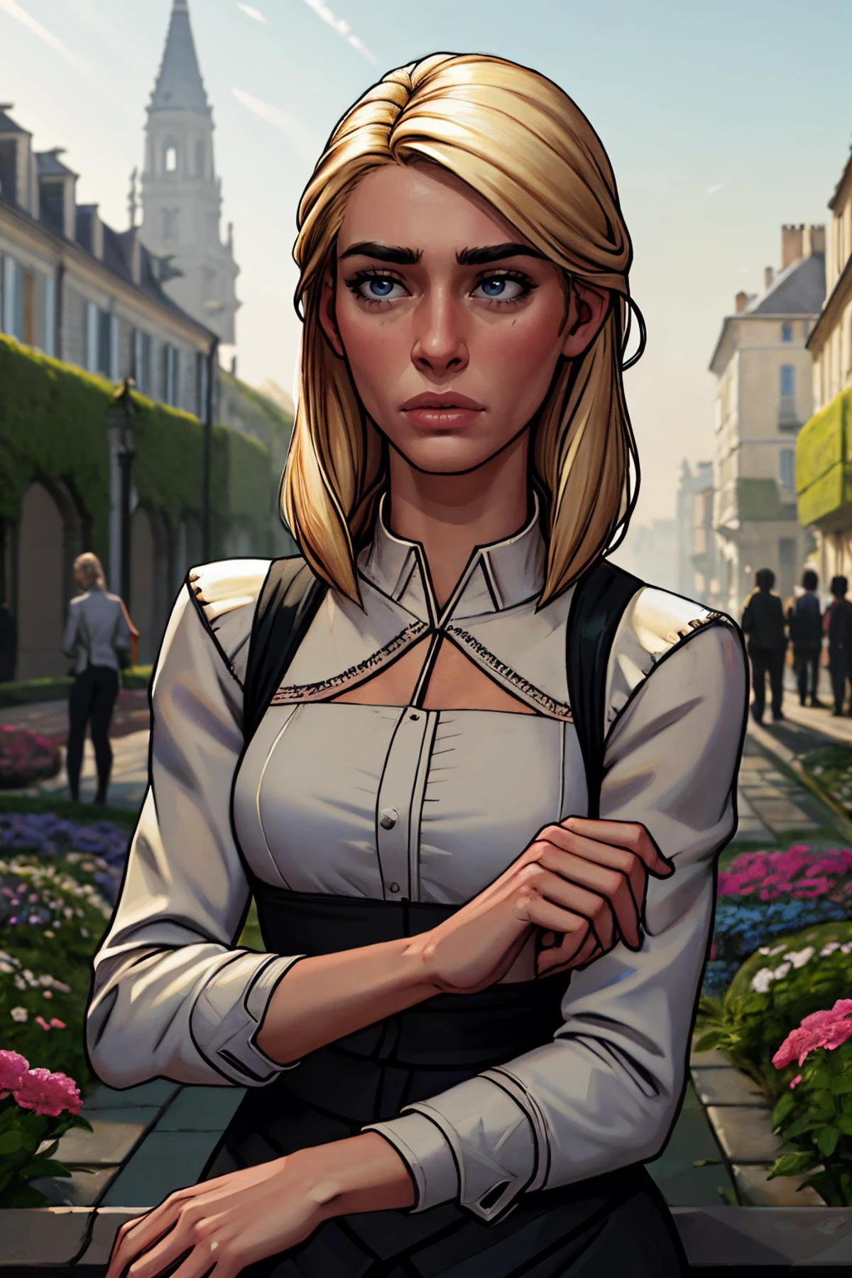 (high quality, best quality, highres, absurdres, sharp focus, masterpiece:1.2), (futuristic france, french:1), (1girl, woman, flustered face:1.1), (mason, wearing worn out clothes:1.1), (black_eyes:1), (blonde_hair, medium_hair, hair_up:1), (midweight body:1), (garden:1.1),
