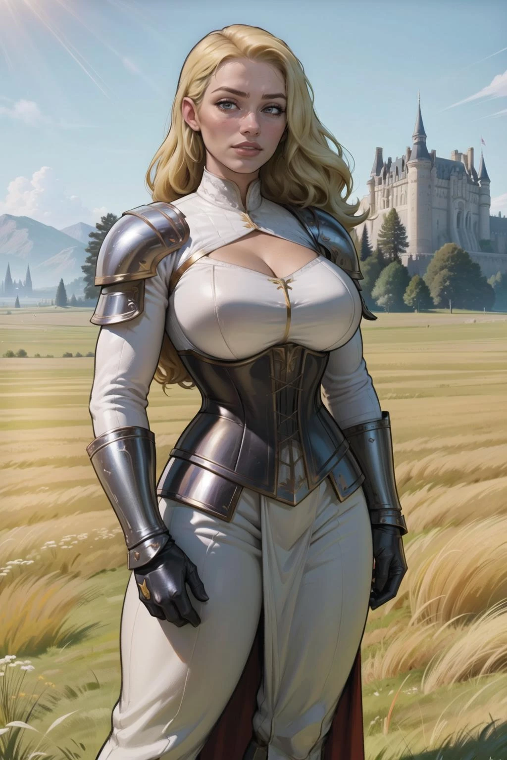 medieval fantasy, mature knight commander woman, armored woman, huge breasts, corset, white shirt, muscular woman, standing in grass field, long blonde hair, pauldrons, gauntlets, castle in background, strong lighting, flat colors, comic style,