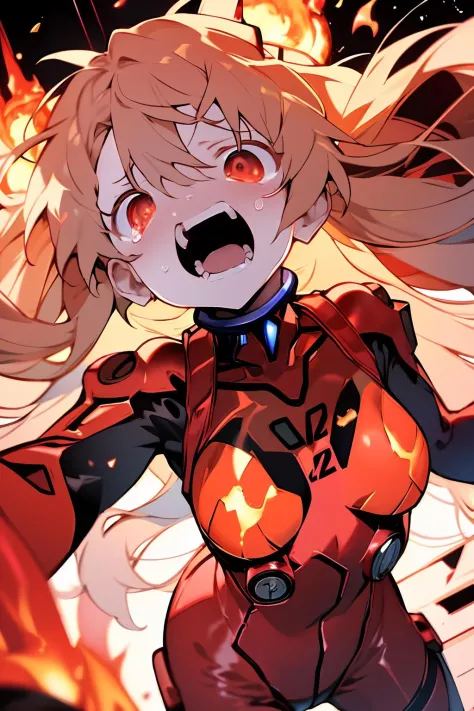 masterpiece,extremely high quality,lbc girl,large chest,souryuu asuka,standing,face upward,(open mouth:1.2),(teeth:1.3),crying_with_eyes_open,red eyes,teardrop,red_theme,twintails,bodysuit,from_side,<lora:lbc_souryuu_asuka>,beautiful detailed glow,((flames of war)),(((nuclear explosion behide))),ray particle,mirror with a lotus pattern on the frame,