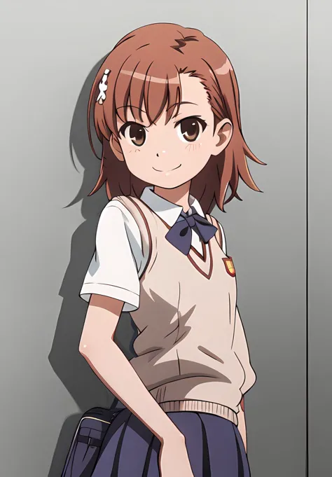 anime girl in school uniform standing against a wall