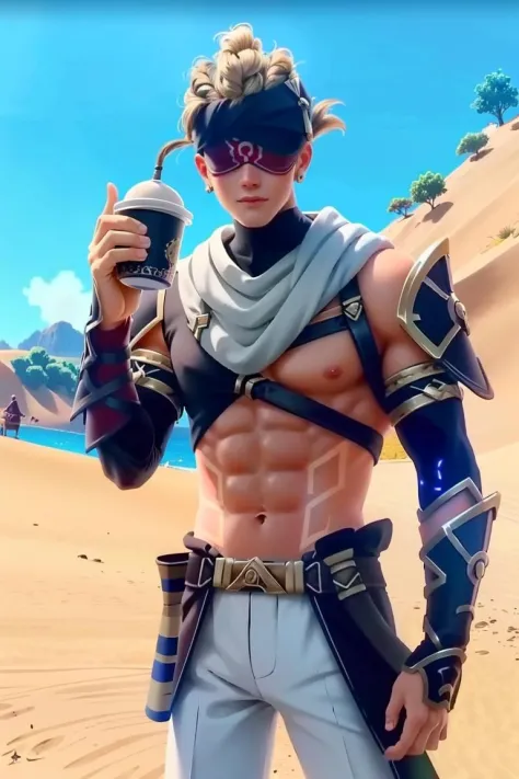 daythunder drinking coffee, 1boy, red blindfold, white scarf, leather armor, vambraces, detached sleeves, armlet, puffy pants, desert, water, mountainous horizon, <lora:daythunder-v1:0.9>, (8k uhd, masterpiece, best quality, high quality, absurdres)