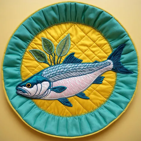 a close up of a fish on a quilted plate with a leaf