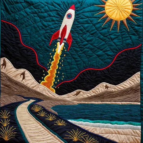 a close up of a quilted wall hanging with a rocket flying over a river