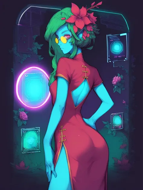 1girl, side view, from behind, looking back, looking at viewer, hand on hip,
human, solo, hologram, dryad, long green hair, flowers in hair,
eyewear, neon green china dress, blue skin, (glowing:1.2),
<lora:RetroWave_PonyXL:1> retrowave, score_9, score_8_up, score_7_up,, <lora:Faustsk-lora01_PonyXL-0004:0.6>
<lora:Syvaron-10:0.6>
<lora:BoobsgamesLycoXL:0.7>, rating_questionable