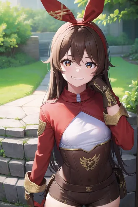 genshinamber, <lora:genshinamber-lora-nochekaiser:1>,
amber, brown hair, long hair, (brown eyes:1.5), hair between eyes, hair ribbon, ribbon, red ribbon, (small breasts:1.2), <lora:talkmouth_I_v100:1>, smile,
BREAK brown shorts, long sleeves, white thighhighs, shorts, thighhighs, jacket, crop jacket, red jacket, corset, gloves, brown gloves,
BREAK outdoors, nature, forest,
BREAK looking at viewer, (cowboy shot:1.5), upper body,
BREAK <lyco:GoodHands-beta2:1>, (masterpiece:1.2), best quality, high resolution, unity 8k wallpaper, (illustration:0.8), (beautiful detailed eyes:1.6), extremely detailed face, perfect lighting, extremely detailed CG, (perfect hands, perfect anatomy),