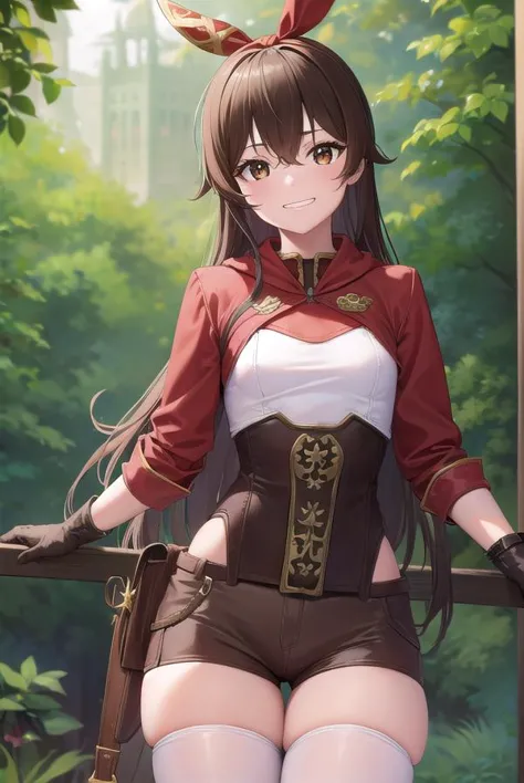 genshinamber, <lora:genshinamber-lora-nochekaiser:1>,
amber, brown hair, long hair, (brown eyes:1.5), hair between eyes, hair ribbon, ribbon, red ribbon, (small breasts:1.2), <lora:talkmouth_I_v100:1>, smile,
BREAK brown shorts, long sleeves, white thighhighs, shorts, thighhighs, jacket, crop jacket, red jacket, corset, gloves, brown gloves,
BREAK outdoors, nature, forest,
BREAK looking at viewer, (cowboy shot:1.5), upper body,
BREAK <lyco:GoodHands-beta2:1>, (masterpiece:1.2), best quality, high resolution, unity 8k wallpaper, (illustration:0.8), (beautiful detailed eyes:1.6), extremely detailed face, perfect lighting, extremely detailed CG, (perfect hands, perfect anatomy),