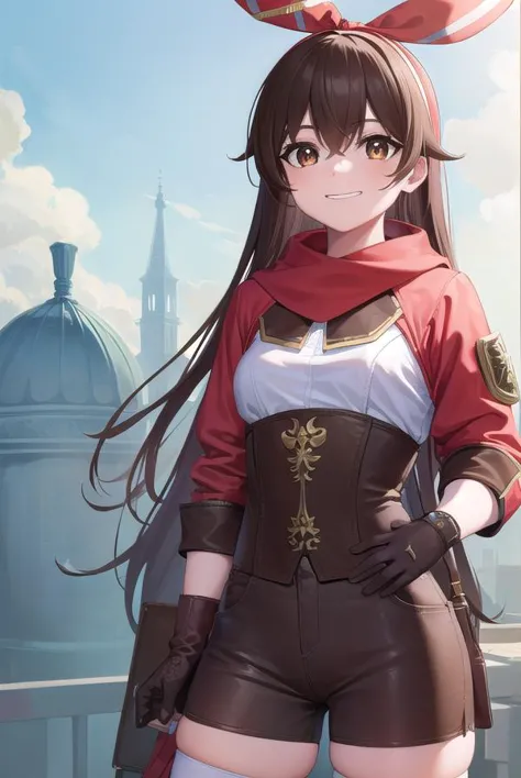 genshinamber, <lora:genshinamber-lora-nochekaiser:1>,
amber, brown hair, long hair, (brown eyes:1.5), hair between eyes, hair ribbon, ribbon, red ribbon, (small breasts:1.2), <lora:talkmouth_I_v100:1>, smile,
BREAK brown shorts, long sleeves, white thighhighs, shorts, thighhighs, jacket, crop jacket, red jacket, corset, gloves, brown gloves,
BREAK outdoors, nature, forest,
BREAK looking at viewer, (cowboy shot:1.5), upper body,
BREAK <lyco:GoodHands-beta2:1>, (masterpiece:1.2), best quality, high resolution, unity 8k wallpaper, (illustration:0.8), (beautiful detailed eyes:1.6), extremely detailed face, perfect lighting, extremely detailed CG, (perfect hands, perfect anatomy),