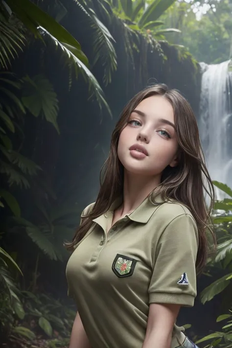 photo of S301_ViktoriaMoore,a stunning woman,in a (jungle:1.1),wearing a (polo-shirt:1.1) and (cargo-shorts),(waterfall),(4k, RA...