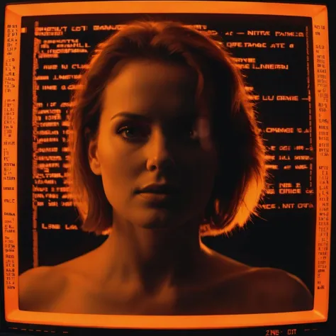 photo of beautiful woman made out of (Retro-UI computer screen with orange on black text), cinematic, volumetric lighting, 80s, glowing