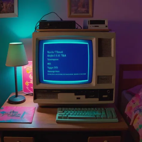 analog photo of an old computer on a table inside a colorful teenager's bedroom at night, <lora:Retro-UI-XL-000009:1>, Retro-UI, a computer screen with a number of screen, high quality, masterpiece, glowing, hyperrealism, 80s,