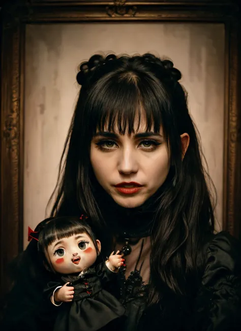 a close up of a woman holding a doll in front of a picture