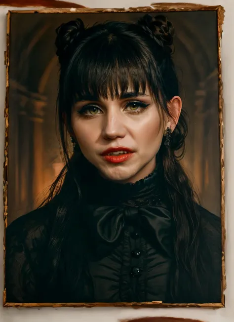 a close up of a painting of a woman with a red lipstick