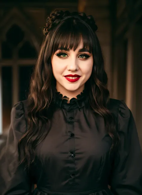 a woman with long hair and a black dress posing for a picture