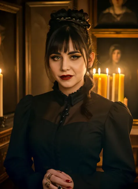 a woman in a black dress standing in front of a table with candles