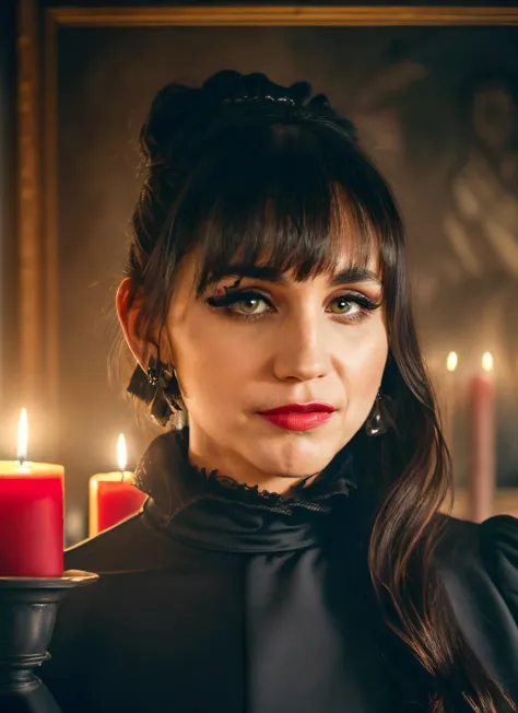 a close up of a woman holding a candle in front of a painting