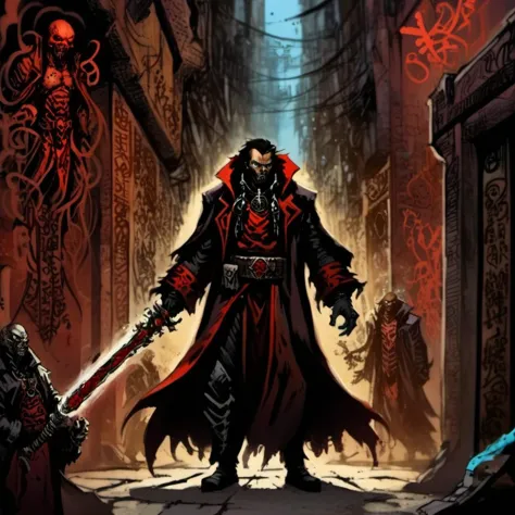 a picture of a man with a sword standing in a dark alley