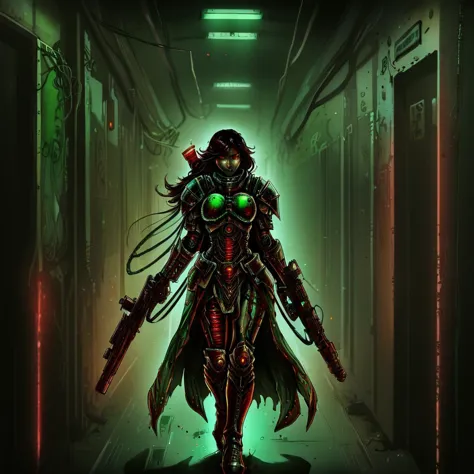 a nqstrman woman in armor holding a weapon,  grim darkness, gritty, dark corridor, metal walls, steel beams, pipe, wires, science fiction, red and green glow