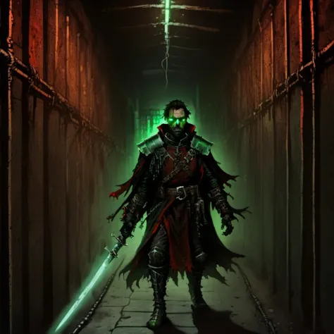 a man in a dark suit holding two swords in a hallway