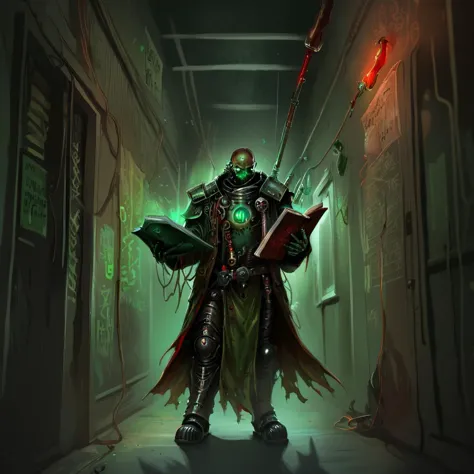 a nqstrman man in a costume holding a book and a sword,  grim darkness, gritty, dark corridor, metal walls, steel beams, pipe, wires, science fiction, red and green glow