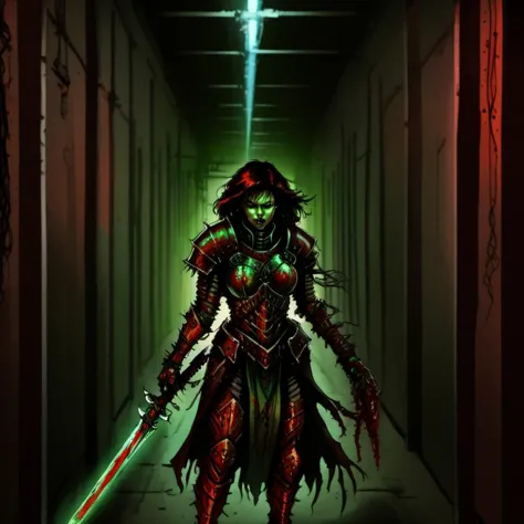 a woman with a sword in a hallway with a light shining on her