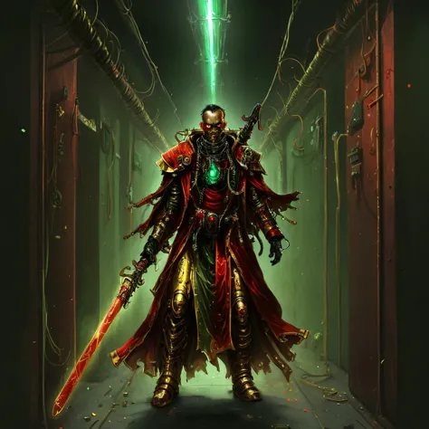 a man in a red coat holding a sword in a dark hallway