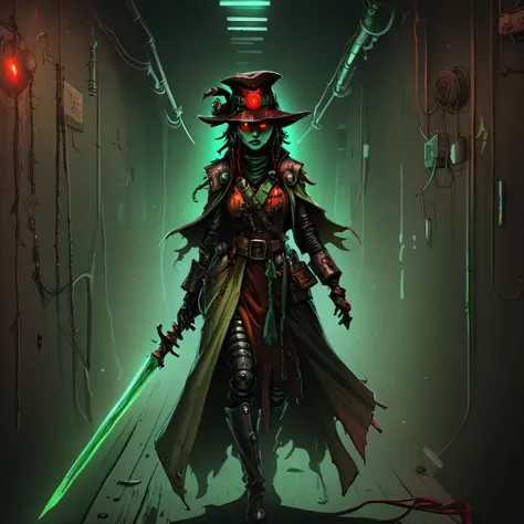 a woman in a hat and coat holding a sword in a hallway