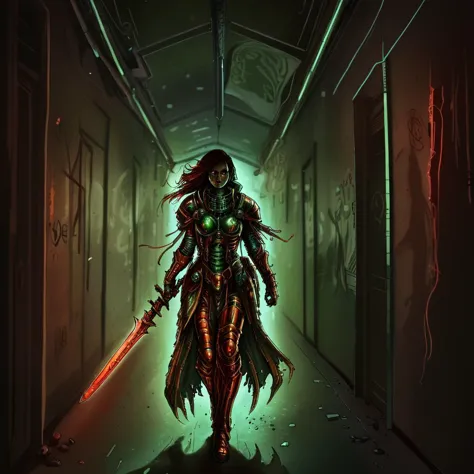 a nqstrman woman in armor holding a sword and a sword,  grim darkness, gritty, dark corridor, metal walls, steel beams, pipe, wires, science fiction, red and green glow