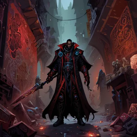 a nqstrman man in a black and red outfit holding a sword stands in the shadowy underbelly of a hive city, his long coat billowing as he examines xenos artifacts hidden in a dimly lit alley. The grimy walls are covered in graffiti venerating forbidden gods, and his gaze is stern, his hand resting on the hilt of a power sword, ready to dispense the Emperor's justice