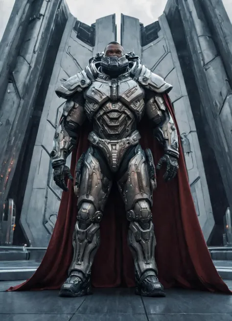 a man in a suit of armor stands in front of a large structure