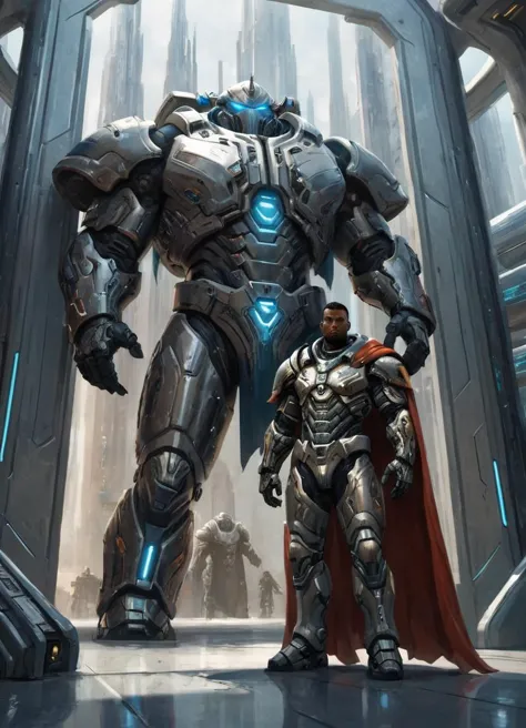 a man standing next to a giant robot in a sci - fiction setting