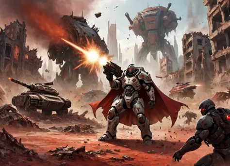 A nqstrman man in very heavy futuristic armor wearing a cape is shooting his enery weapon at attacking creatures. The scenery is a destroyed city in ruins, dirty with red sand.Heavy futuristic tanks and vehicles in the background,
<lora:Inquisitor_-_Warhammer_40000_SDXL:0.7>